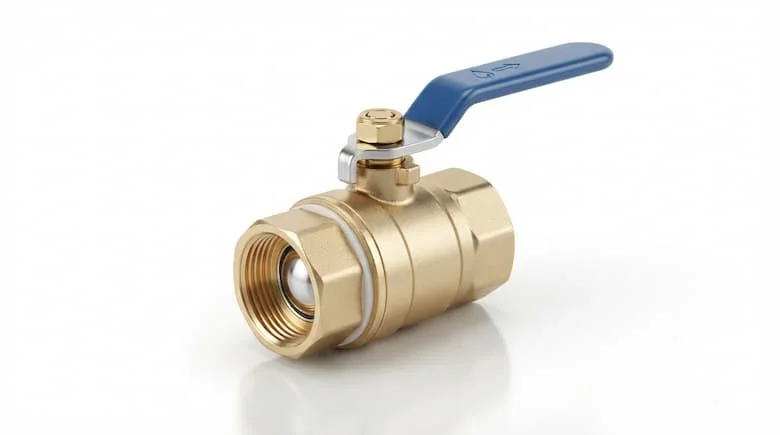 Ảnh sản phẩm độ phân giải cao của van bi bằng đồng thau DN15 (1/2 inch) với đầu ren BSP cái, thân bằng đồng thau rèn đánh bóng, bi bằng đồng thau mạ crom, tay cầm bằng thép xanh với tay nắm PVC