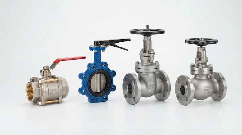 Ảnh sản phẩm thực tế của các loại van khóa công nghiệp, bao gồm van bi, van bướm, van cổng và van cầu