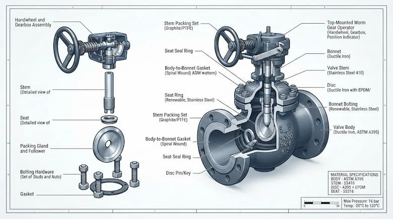 Sơ đồ kỹ thuật của van FD, thể hiện thân van, trục van, đĩa van, các bộ phận làm kín và đầu nối, các bộ phận được dán nhãn
