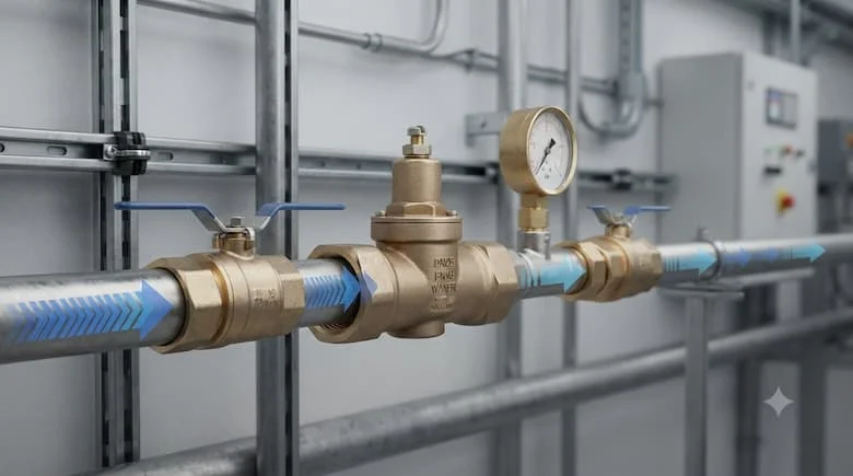 một mô hình đường ống nước công nghiệp thực tế, bao gồm van giảm áp DN25 được lắp đặt trên đường ống cấp nước nằm ngang