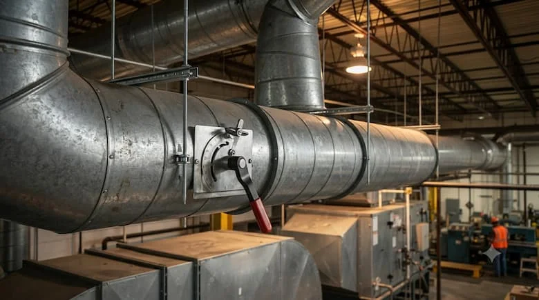 Hệ thống thông gió HVAC thực tế với van điều tiết khí và cần gạt tay được lắp đặt trên ống dẫn khí mạ kẽm, môi trường nhà máy công nghiệp, hình ảnh chân thực,