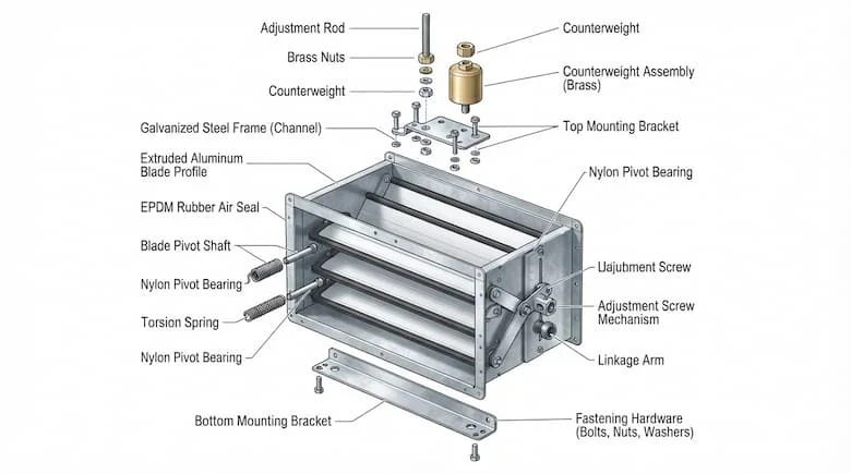 Hình minh họa kỹ thuật dạng tháo rời của một van giảm áp, thể hiện tất cả các bộ phận bên trong được tách rời theo thứ tự lắp ráp, bao gồm khung thép mạ kẽm, cánh điều chỉnh, trục xoay, cơ cấu đối trọng, lò xo xoắn, gioăng cao su, ổ bi, giá đỡ, vít điều chỉnh và các phụ kiện lắp ráp