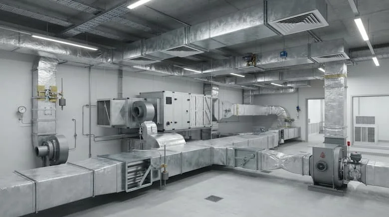 Một phòng máy HVAC thực tế với các van giảm áp được lắp đặt trong các ống dẫn khí hình chữ nhật kết nối với các thiết bị xử lý không khí (AHU), hệ thống điều áp cầu thang, phòng sạch và hệ thống thông gió phòng cháy chữa cháy
