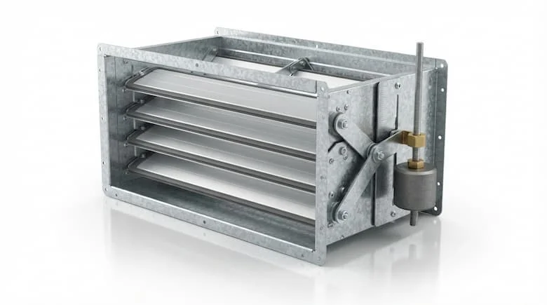 Ảnh sản phẩm độ phân giải cao của một van giảm áp công nghiệp (van xả áp suất không khí) làm bằng thép mạ kẽm, có cơ cấu đối trọng điều chỉnh được, khung hình chữ nhật, nhiều cánh nhôm, gioăng cao su kín khí và cấu trúc được thiết kế chính xác