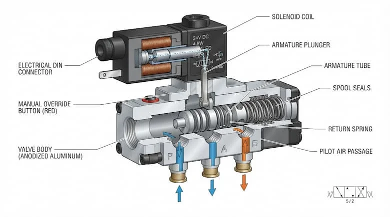 Sơ đồ cắt ngang kỹ thuật của van điện từ khí nén 24V, hiển thị cuộn dây, thân van, trục van, lò xo và các lỗ thoát khí