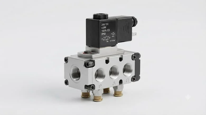Ảnh sản phẩm thực tế của van điện từ khí nén 24V, van công nghiệp có cuộn dây điện, cổng khí nén, nền trắng sạch, ánh sáng studio