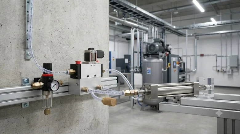 Hình ảnh chân thực van khí nén 3/2 chiều được lắp đặt trong hệ thống khí nén công nghiệp, điều khiển xi lanh khí nén tác động đơn, ống dẫn khí và máy nén khí ở phía sau
