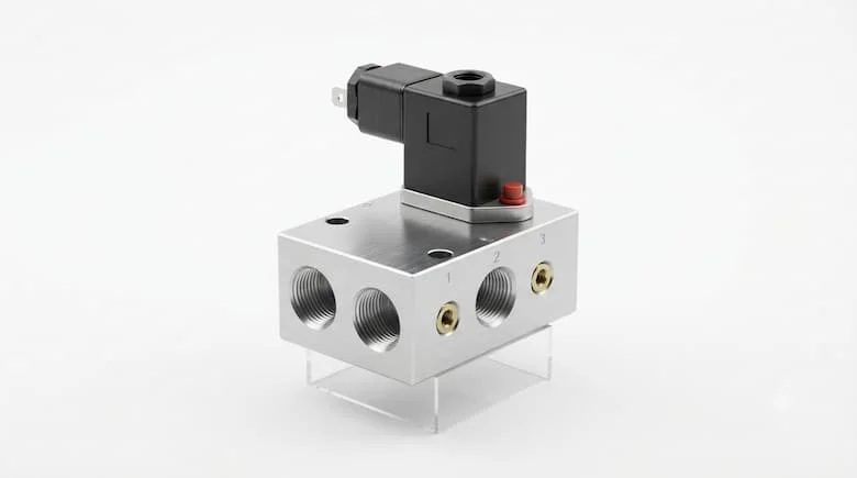 Van khí nén 3/2 chiều chân thực, thân nhôm nhỏ gọn, ba cổng khí, thiết kế hai vị trí, hình ảnh sản phẩm công nghiệp chuyên nghiệp