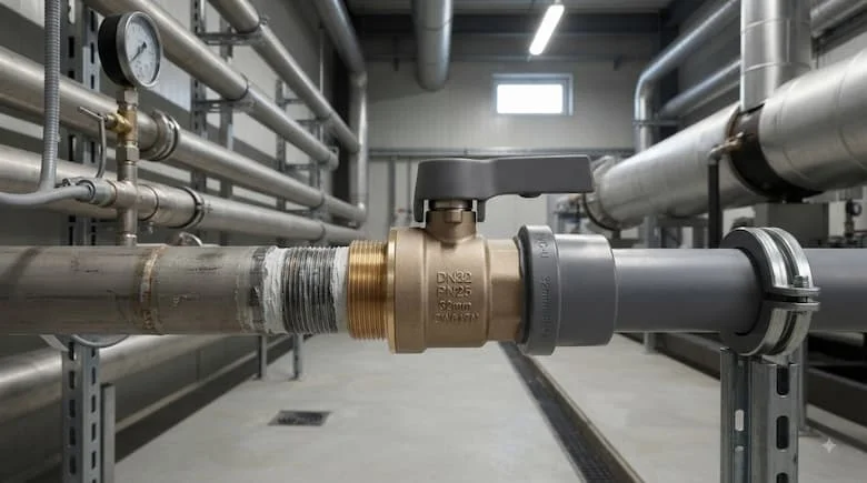 Van khóa DN32 được lắp đặt trên hệ thống đường ống nước thực tế, kết nối ống chính xác, môi trường công nghiệp