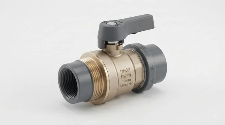 sản phẩm công nghiệp chân thực của van khóa DN32, kích thước ống 32mm, thân van nhỏ gọn, chi tiết kim loại và PVC