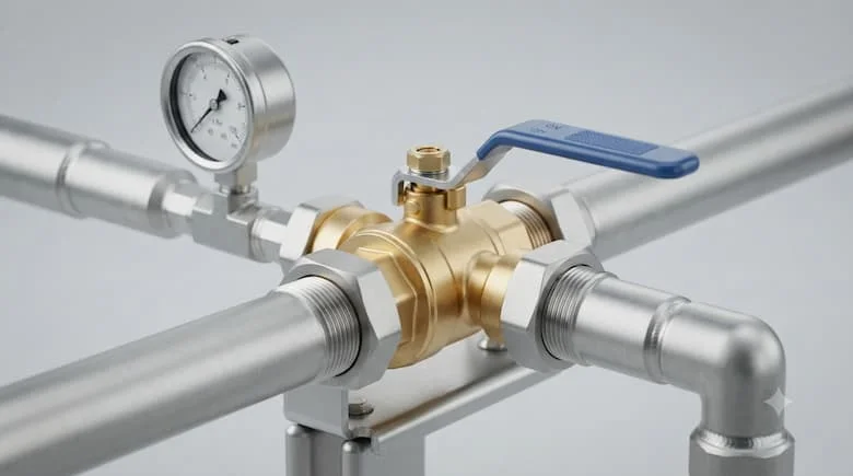 an khóa DN25 cao cấp (van 1 inch) được lắp đặt trên đường ống nước bằng thép không gỉ, có thân bằng đồng thau đánh bóng với tay cầm cần gạt màu xanh lam