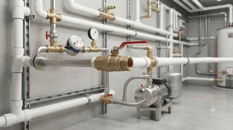 Hệ thống cấp nước dân dụng và thương mại thực tế, bao gồm van khóa DN25 được lắp đặt trên đường ống PVC và thép không gỉ.