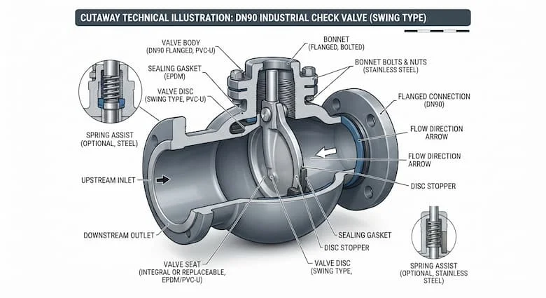 bản vẽ kỹ thuật chi tiết mặt cắt của van một chiều công nghiệp DN90, thể hiện tất cả các bộ phận bên trong bao gồm thân van, đĩa van, chốt bản lề, lò xo (nếu có), gioăng làm kín, buồng dòng chảy và các kết nối dạng ổ cắm hoặc mặt bích