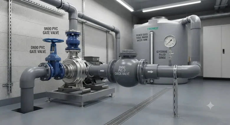 một cảnh lắp đặt công nghiệp thực tế thể hiện van một chiều DN90 được lắp đặt trong hệ thống cấp nước và bơm hiện đại.