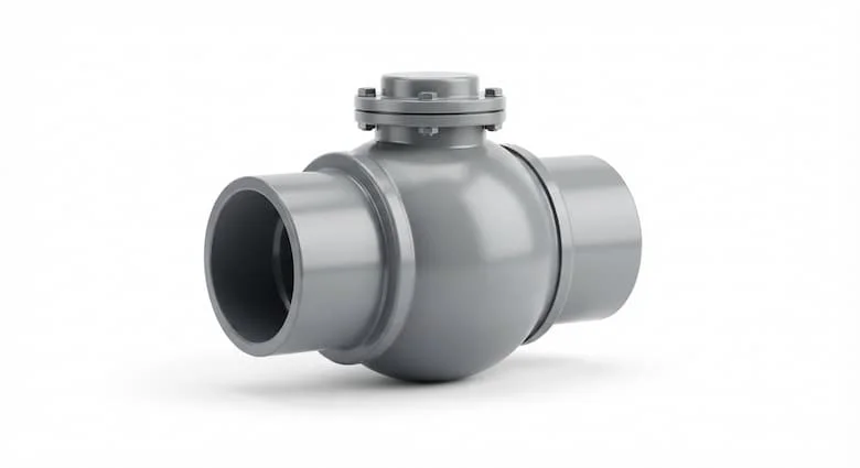 ảnh sản phẩm chuyên nghiệp chân thực về van một chiều công nghiệp DN90 (90mm) với thân và khớp nối bằng PVC bền chắc, được thiết kế cho hệ thống cấp thoát nước.