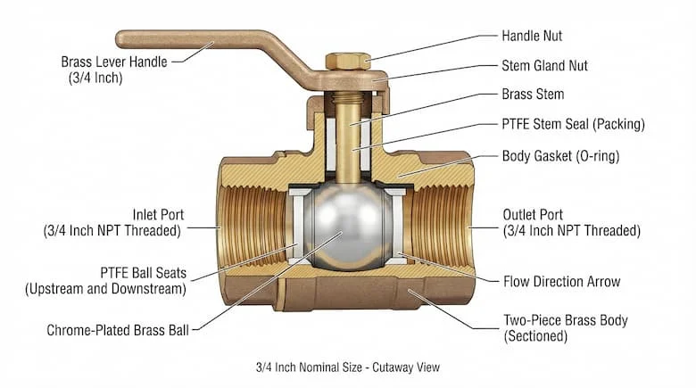 Sơ đồ cắt ngang kỹ thuật của một van nước 3/4 inch, thể hiện thân van, trục van, các bộ phận làm kín và cơ cấu bên trong, cấu trúc kỹ thuật chính xác, các bộ phận được dán nhãn