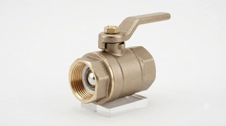 Van nước 3/4 inch chân thực, thân bằng đồng thau, kết nối ren, thiết kế nhỏ gọn, góc nhìn 3/4, phông nền studio màu trắng, kết cấu kim loại sống động