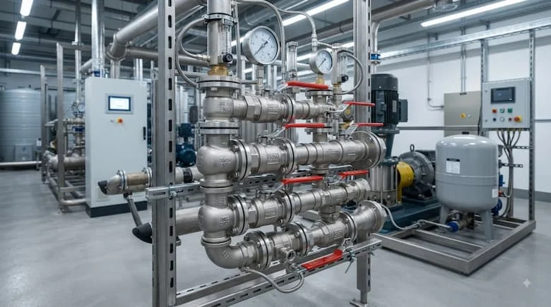 lắp đặt công nghiệp thực tế của các van nước cao cấp, "van nước cao cấp", được kết nối với hệ thống đường ống cấp nước hiện đại