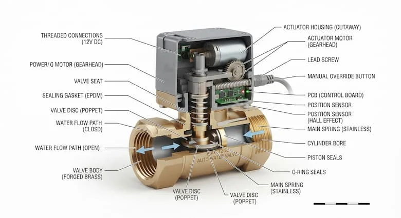 bản vẽ kỹ thuật chi tiết mặt cắt của van ngắt nước tự động (van nước tự khóa), thể hiện tất cả các bộ phận bên trong bao gồm thân van, lò xo, đĩa van, gioăng làm kín, piston, cơ cấu truyền động, các mối nối ren và đường dẫn dòng nước