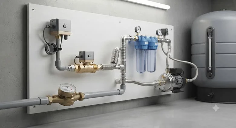một cảnh lắp đặt thực tế của van ngắt nước tự động được tích hợp vào hệ thống cấp nước dân dụng. Thể hiện van được kết nối với đường ống PVC và thép không gỉ, đồng hồ đo nước gia đình, máy bơm nước, bồn chứa và bộ lọc
