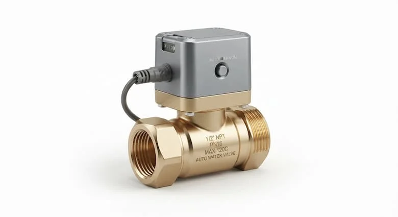 ảnh sản phẩm chuyên nghiệp, chân thực về van khóa nước tự động (van nước tự giữ) làm bằng đồng thau với các mối nối ren