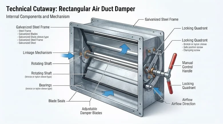 ình minh họa kỹ thuật mặt cắt của một van điều tiết ống dẫn khí HVAC hình chữ nhật, thể hiện các bộ phận bên trong bao gồm khung thép mạ kẽm, cánh van điều chỉnh được, trục quay, ổ bi, cơ cấu liên kết, tay cầm điều khiển thủ công, bộ phận khóa