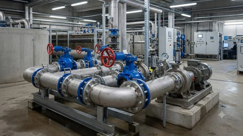 Hình ảnh thực tế các van nước DN200 được lắp đặt trên đường ống dẫn nước công nghiệp lớn, kết nối với máy bơm và mặt bích, trong môi trường nhà máy xử lý nước