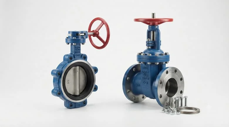 Ảnh sản phẩm thực tế của van nước DN200, van bướm và van cổng công nghiệp cỡ lớn, thân bằng kim loại, kết nối mặt bích, nền trắng sạch, ánh sáng studio