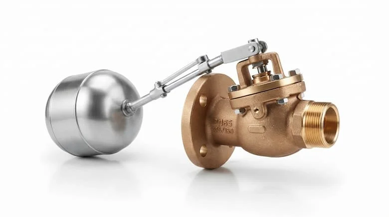 Ảnh chụp sản phẩm công nghiệp chân thực của van phao cơ khí DN65 dùng cho bể chứa nước, thân van bằng kim loại với cơ cấu phao, kết nối ren/mặt bích