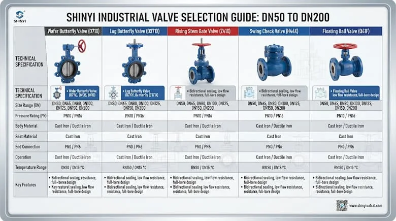 Infographic chuyên nghiệp thể hiện các loại và kích cỡ van Shinyi khác nhau từ DN50 đến DN200, thông số kỹ thuật, bố cục so sánh van, thiết kế công nghiệp hiện đại