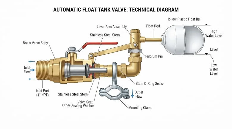 Sơ đồ kỹ thuật van bồn nước, thể hiện thân van, đầu vào, đầu ra, trục van, các bộ phận làm kín và cơ cấu phao, nhãn rõ ràng, nền trắng sạch, hình minh họa