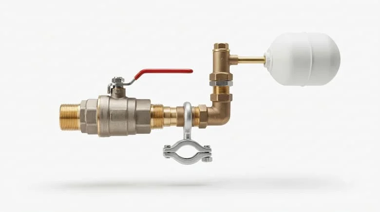 Ảnh sản phẩm chuyên nghiệp về van bồn nước, bao gồm van bi và van phao, các bộ phận đường ống thực tế, nền trắng sạch