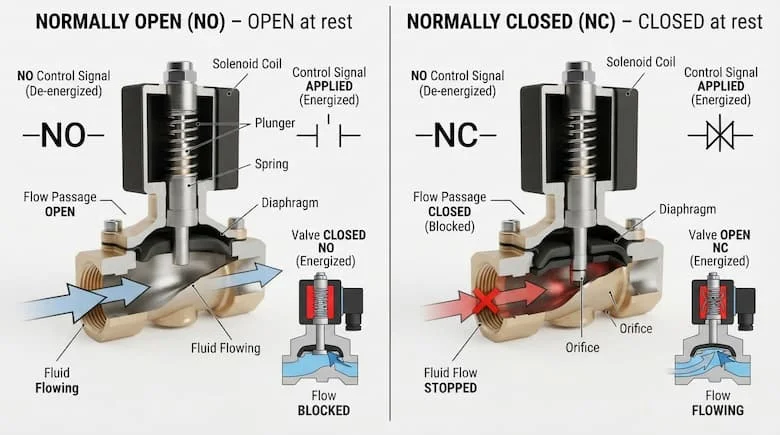 một infographic so sánh kỹ thuật chuyên nghiệp thể hiện sự khác biệt giữa van thường mở (NO) và van thường đóng (NC)