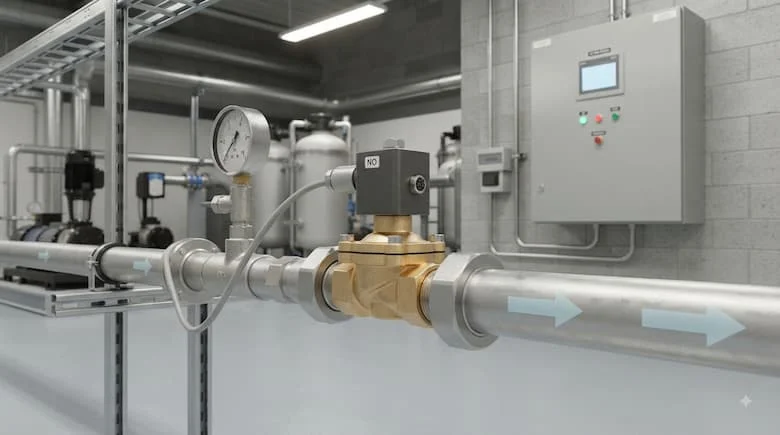 một cảnh lắp đặt công nghiệp chân thực, thể hiện van thường mở (van NO) được lắp đặt trong một hệ thống điều khiển chất lỏng tự động thực tế.
