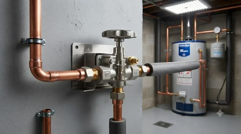 Mô phỏng thực tế việc lắp đặt van trộn nước nóng lạnh trong hệ thống đường ống nước nóng dân dụng, bình nước nóng, đường ống nước nóng và lạnh, thi công đường ống chuyên nghiệp