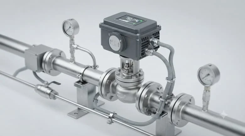 Van điều khiển tuyến tính công nghiệp cao cấp với bộ truyền động điện điều chỉnh hỗ trợ điều khiển tín hiệu analog 4–20mA, được lắp đặt trên đường ống bằng thép không gỉ