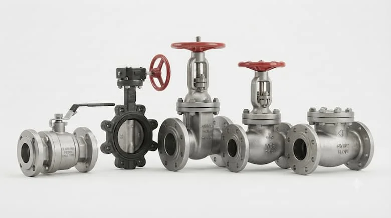 Ảnh sản phẩm thực tế của các loại van công nghiệp Shinyi, van bướm, van cổng và van một chiều, được sắp xếp chuyên nghiệp, nền trắng sạch, ánh sáng studio