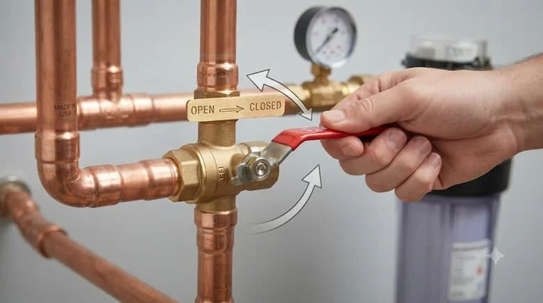 Hình ảnh cận cảnh chân thực một người đang vặn van nước sinh hoạt bằng tay, thể hiện đúng hướng mở và đóng, hệ thống đường ống nước sạch sẽ, ảnh hướng dẫn chuyên nghiệp