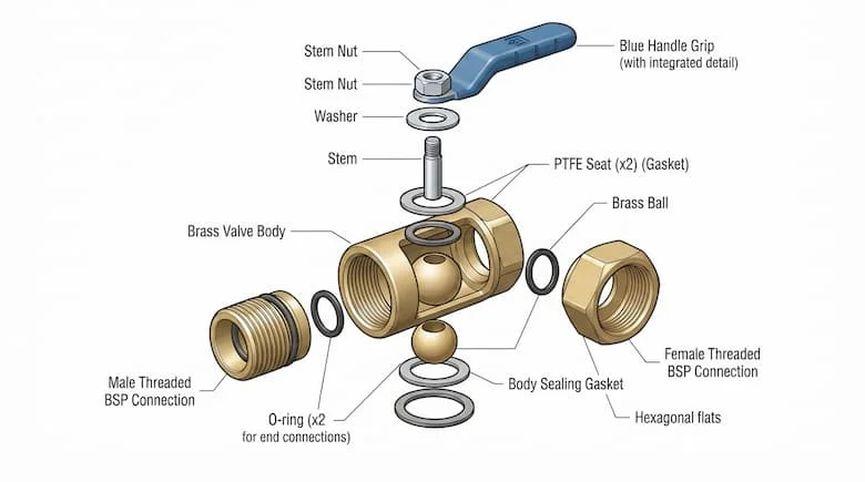 Hình minh họa kỹ thuật dạng tháo rời của một van khóa nước bằng đồng thau, thể hiện tất cả các bộ phận bên trong được tách rời theo thứ tự lắp ráp, bao gồm thân van bằng đồng thau, bi van bằng đồng thau, trục van, gioăng PTFE, vòng chữ O, gioăng làm kín, tay cầm, đai ốc trục van