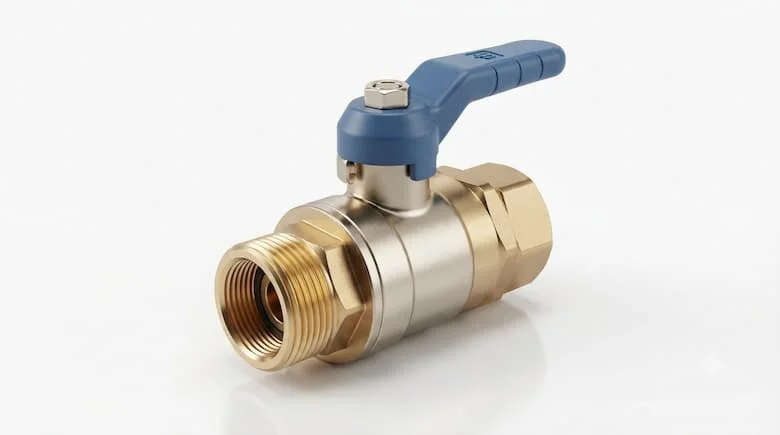 Ảnh sản phẩm độ phân giải cao của một van khóa nước bằng đồng thau cao cấp, lấy cảm hứng từ các sản phẩm đường ống công nghiệp Việt Nam