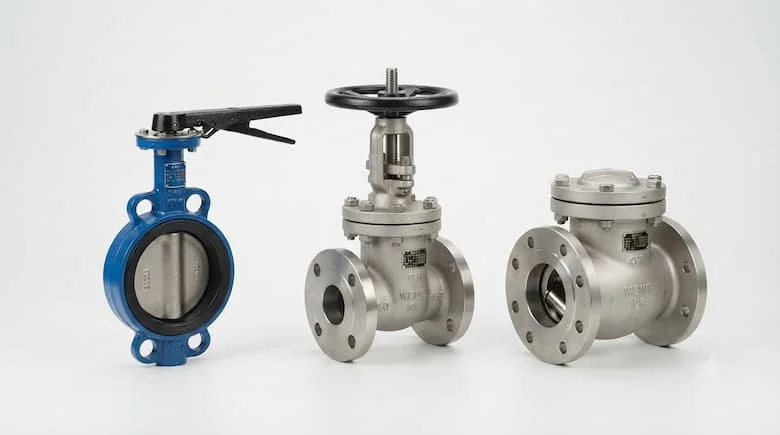 Ảnh sản phẩm thực tế của các loại van công nghiệp Wonil Hàn Quốc, bao gồm van bướm, van cổng và van một chiều, nền trắng sạch, ánh sáng studio chuyên nghiệp