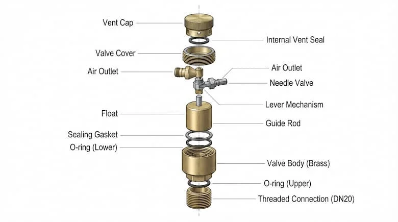 Sơ đồ kỹ thuật chi tiết của van xả khí tự động DN20, thể hiện tất cả các bộ phận bên trong được tách rời theo thứ tự lắp ráp, bao gồm thân van bằng đồng thau, phao, cần dẫn hướng, gioăng làm kín, vòng chữ O, nắp thông hơi, cửa thoát khí, khớp nối ren, nắp van và cơ cấu làm kín bên trong