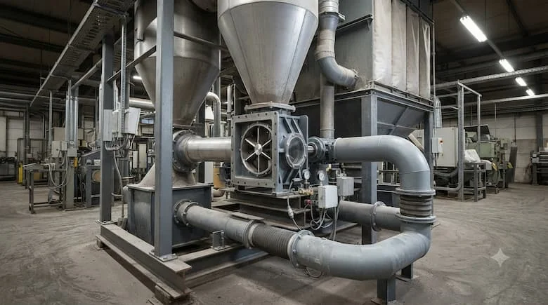 Van khóa khí quay công nghiệp được lắp đặt bên dưới hệ thống thu gom bụi và lốc xoáy, kết nối với đường ống xả bụi, môi trường nhà máy thực tế