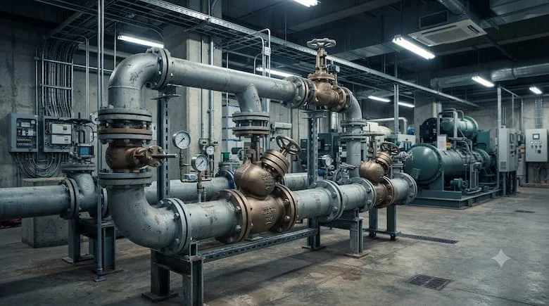 Van công nghiệp kiểu chữ Y được lắp đặt trên hệ thống đường ống công nghiệp quy mô lớn, môi trường nhà máy chân thực, đường ống và phụ kiện chi tiết