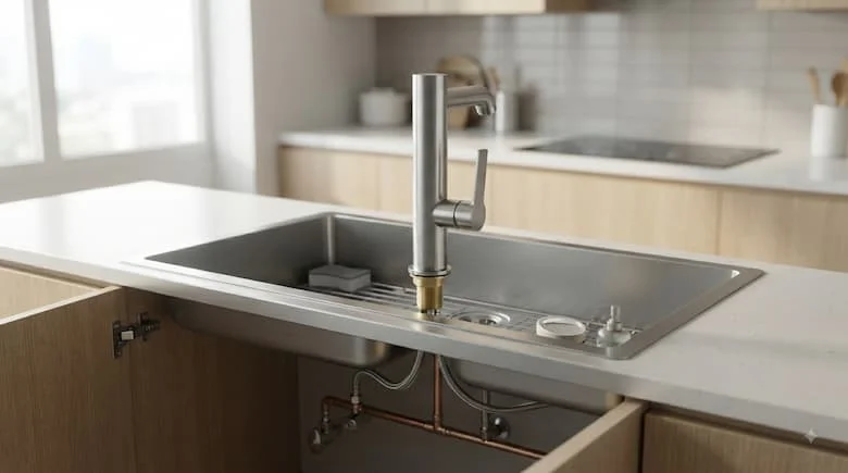 một cảnh nội thất chân thực thể hiện vòi nước bằng thép không gỉ SUS 304 được lắp đặt trên bồn rửa nhà bếp hiện đại. Vòi nước phải được nhìn thấy rõ ràng và trông giống như một sản phẩm ống nước bằng thép không gỉ 304