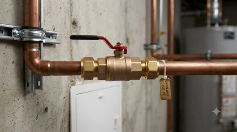 Van bi khóa nước thực tế được lắp đặt trên đường ống nước dân dụng, van bằng đồng thau có tay cầm gạt, hệ thống đường ống nước, cảnh lắp đặt chuyên nghiệp
