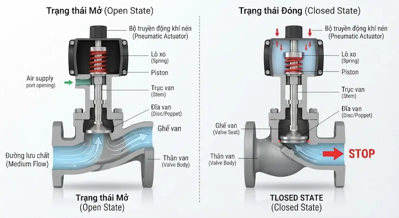 Nguyên lý hoạt động và cấu tạo bên trong của van điều khiển khí nén