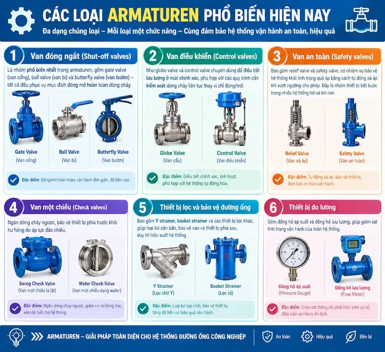 Các Loại Armaturen Phổ Biến Hiện Nay Bao Gồm Van Đóng Ngắt, Van Điều Khiển, Van An Toàn Và Thiết Bị Đo Lường