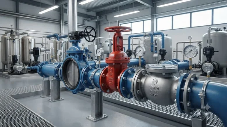 một cảnh lắp đặt công nghiệp chuyên nghiệp thực tế với các van Shinyi được lắp đặt trên hệ thống đường ống nước lớn. Thể hiện một số van công nghiệp, đặc biệt là van bướm, van cổng và van một chiều, được lắp đặt chính xác trên các đường ống kim loại đường kính lớn với các mối nối mặt bích