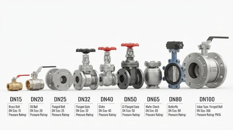 bản vẽ kỹ thuật tỷ lệ 16:9 minh họa các van khóa với nhiều kích thước DN từ DN15 đến DN100, sắp xếp từ nhỏ đến lớn, nền trắng, phong cách kỹ thuật thực tế